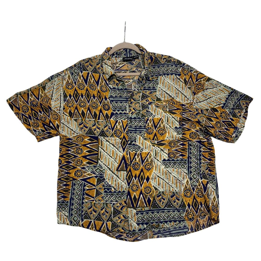 Vintage Bon Homme Shirt Large Mens Yellow Blue Southwestern Abstract USA Made